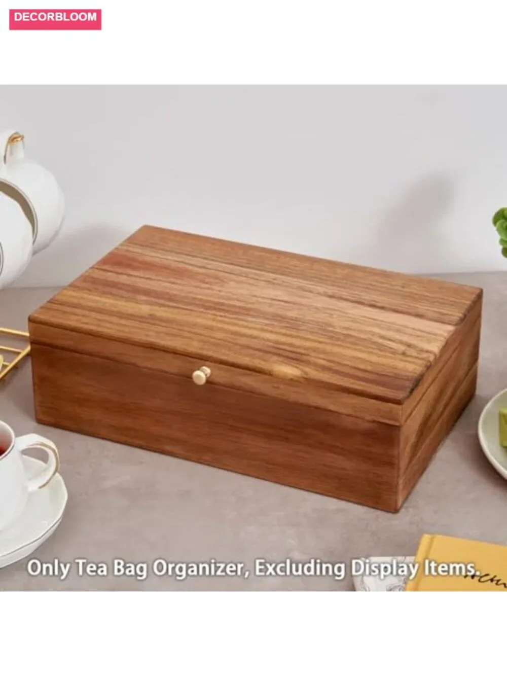 Acacia Wood Tea Bag Organizer, 8-Compartment Tea Caddy Storage Box